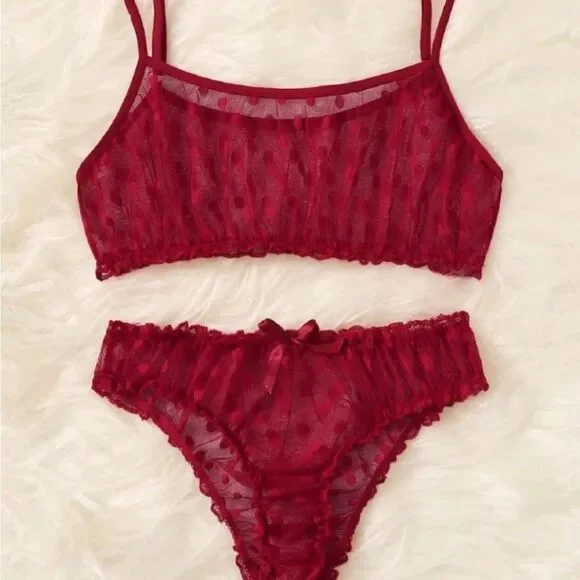 Red Polka Dot Lingerie Set • Mesh Bikini Style Lingerie Outfit - Picture 5 of 11